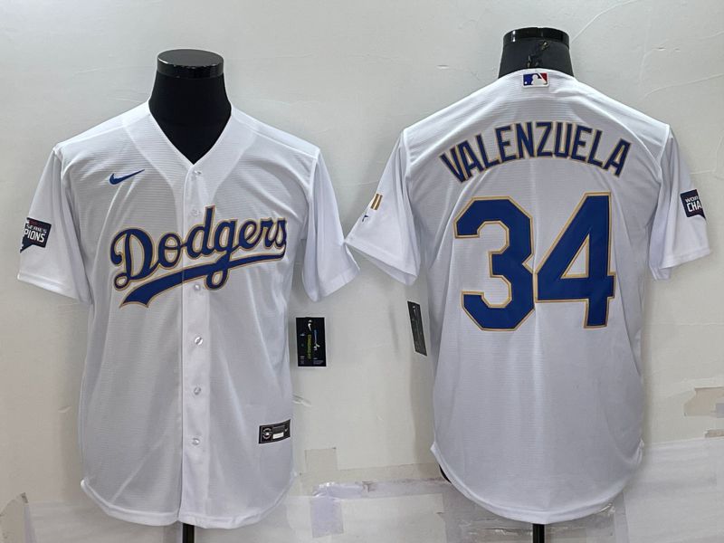 Cheap Men Los Angeles Dodgers 34 Valenzuela White gold 2022 Game Nike MLB Jerseys